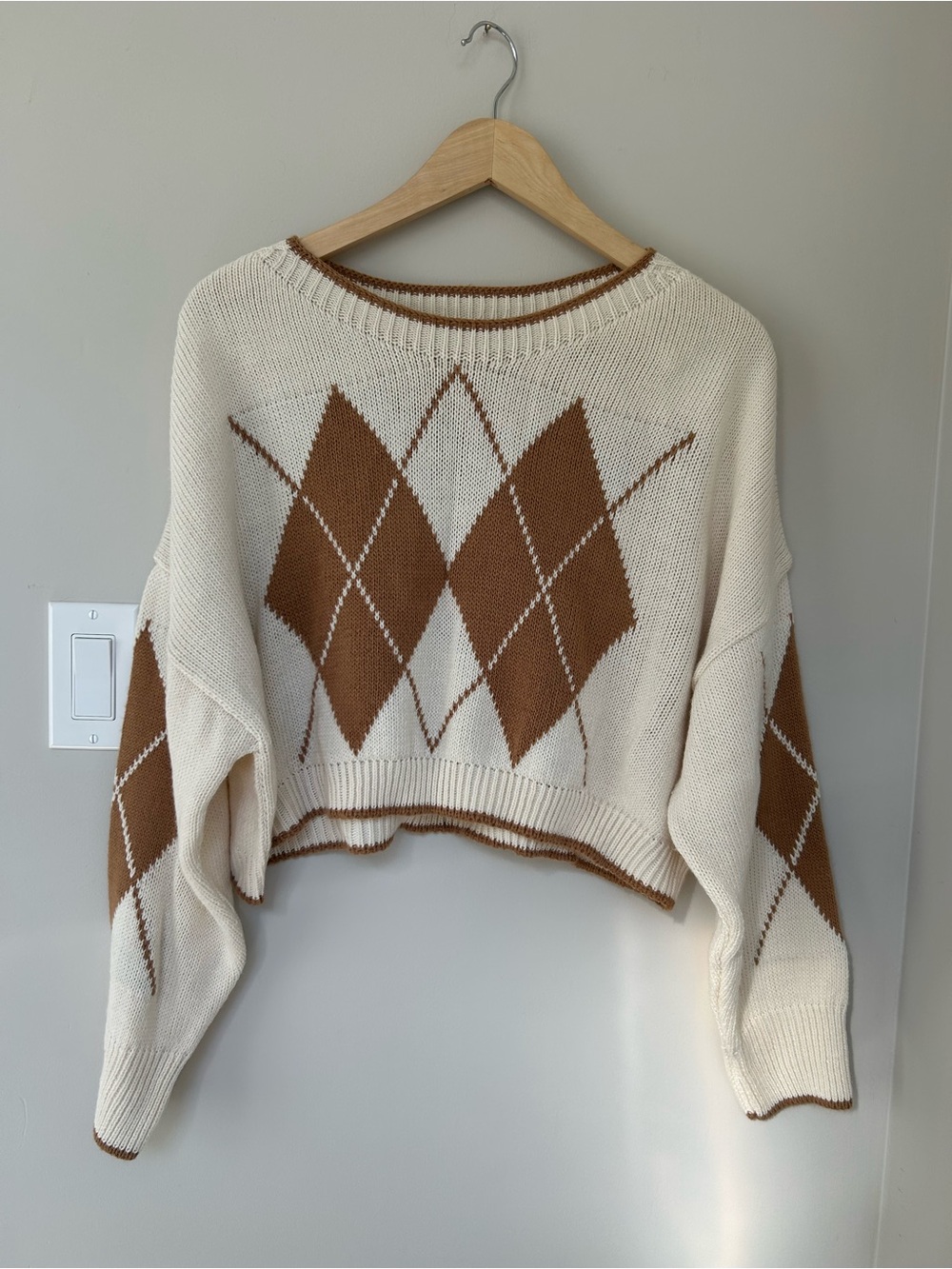 Cream and Brown Argyle Cropped Sweater